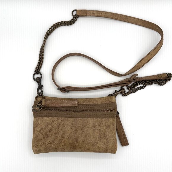 J.Crew Taupe Distressed Faux Leather Crossbody Bag Chain Strap Zip Purse 8x5 - Picture 1 of 9